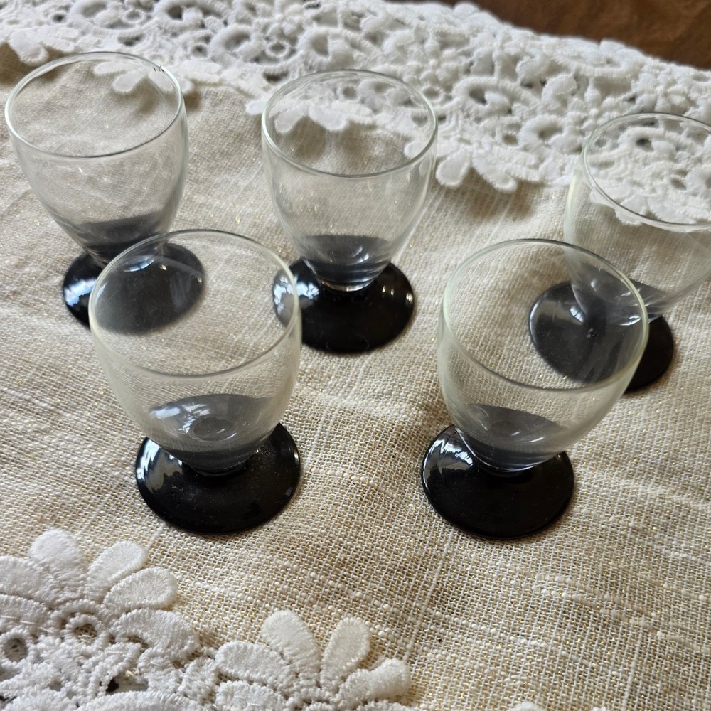 Vintage Set of 5 Black Pedestal Cordial Glasses Japan Tulip Liqueur 2.75"